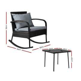 Gardeon 3PC Rocking Chair Table Wicker Outdoor Furniture Patio Bistro Set Black - 0