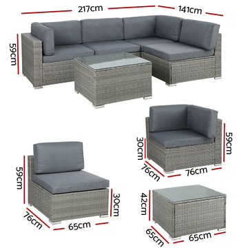 Gardeon 5-Piece Outdoor Sofa Set Wicker Couch Lounge Setting 4 Seater Grey - 0