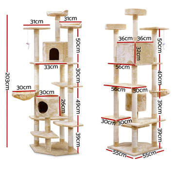 i.Pet Cat Tree 203cm Tower Scratching Post Scratcher Condo Trees House Bed Beige - 0