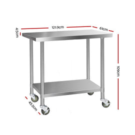 Cefito 304 Stainless Steel Kitchen Benches Work Bench Food Prep Table with Wheels 1219MM x 610MM - 0
