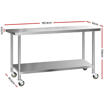 Cefito 304 Stainless Steel Kitchen Benches Work Bench Food Prep Table with Wheels 1829MM x 610MM - 0