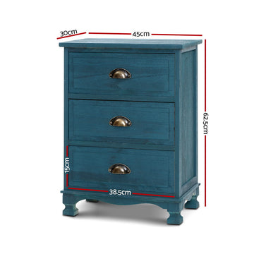 Artiss Bedside Table 3 Drawers Vintage - THYME Blue - 0