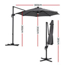Instahut Outdoor Umbrella 3m Solar LED Offset Cantilever Patio Parasol Charcoal-2