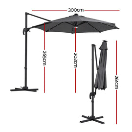 Instahut Outdoor Umbrella 3m Solar LED Offset Cantilever Patio Parasol Charcoal - 0
