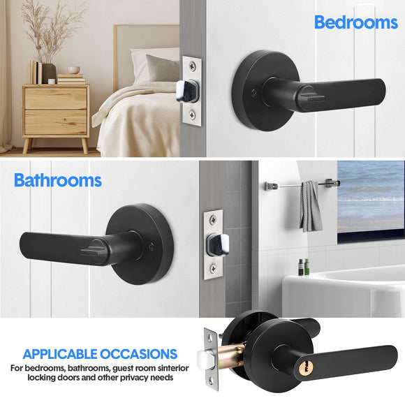 2 Pack Privacy Door Lever Handle with Key, Heavy Duty Interior Door Lock, Round Design, Matte Black