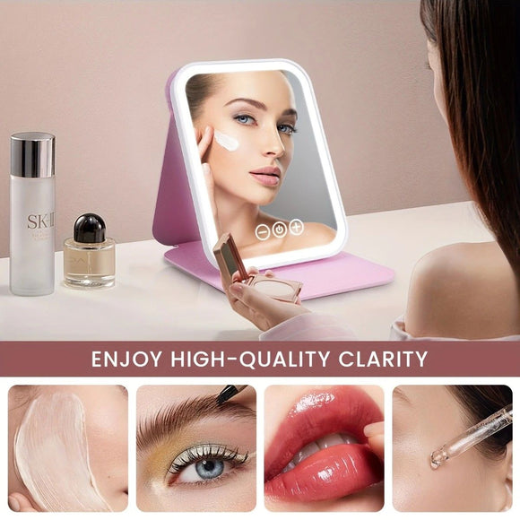 LED Makeup Mirror with Lights, 3 Color Modes Touch Control, Rechargeable Travel Vanity Mirror(pink)