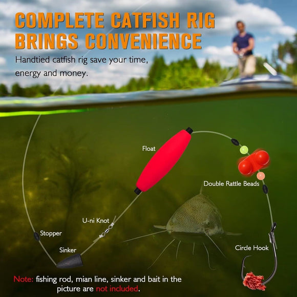Pre-Tied Catfish Rig System, 23 Inch 55LB Santee Cooper Catfish Float Rig with Adjustable EVA Slip Float and High Carbon Circle Hooks 5/0 6/0 8/0, Ready-to-Fish for River and Bank Fishing(Cigar Float-5/0Hook * 6PCS)