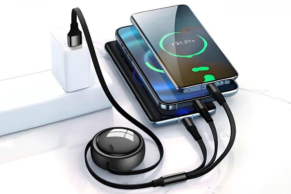 3 In 2 Retractable Multi Charging Cable Retracted USB C Cell Phone Charger