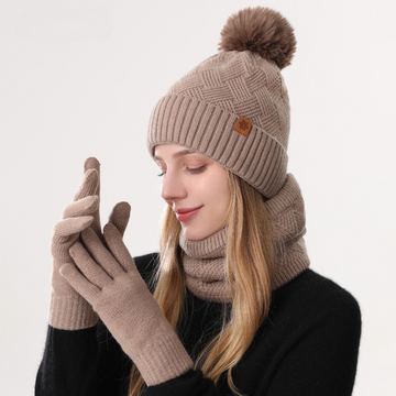 Women's Fashionable Winter 3-Piece Set: Knit Hat, Scarf, and Gloves.  A must-have for outdoor skiing and cycling - Khaki