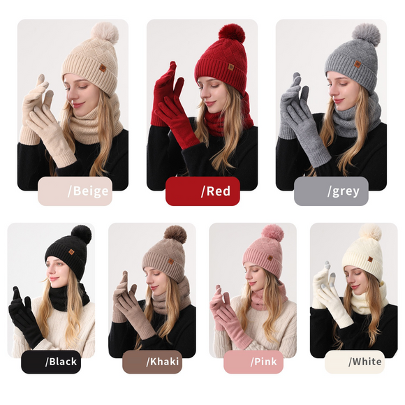 Women's Fashionable Winter 3-Piece Set: Knit Hat, Scarf, and Gloves.  A must-have for outdoor skiing and cycling - Off-White