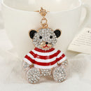 Red - Rhinestone Striped Bear Keychain, Cute Enamel Cartoon Bear Bag Charm Pendant, Alloy Bling Key Ring Accessories for Gifts & Bag Decoration-1