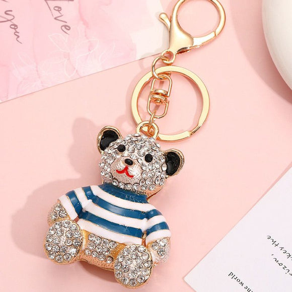 Blue - Rhinestone Striped Bear Keychain, Cute Enamel Cartoon Bear Bag Charm Pendant, Alloy Bling Key Ring Accessories for Gifts & Bag Decoration