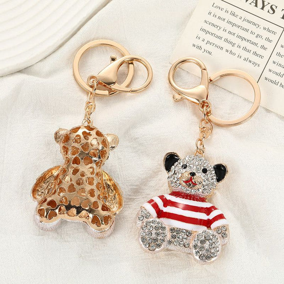 Blue - Rhinestone Striped Bear Keychain, Cute Enamel Cartoon Bear Bag Charm Pendant, Alloy Bling Key Ring Accessories for Gifts & Bag Decoration