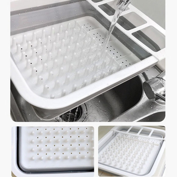 Multi Compartment Plastic Kitchen Utensil Holder, Foldable Dish Drain Basket for Bowl Plate Cup Chopsticks Storage