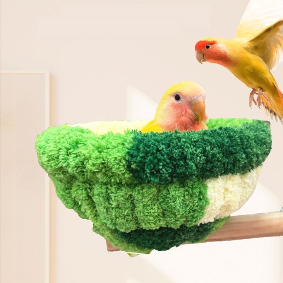 2-in-1 Parrot Perch Warm Bed Nest, Coral Fleece Hanging Bird Cage Sleeping Hut for Budgies, Cockatiels, Lovebirds, and Small Parrots - Winter Warm House - Green