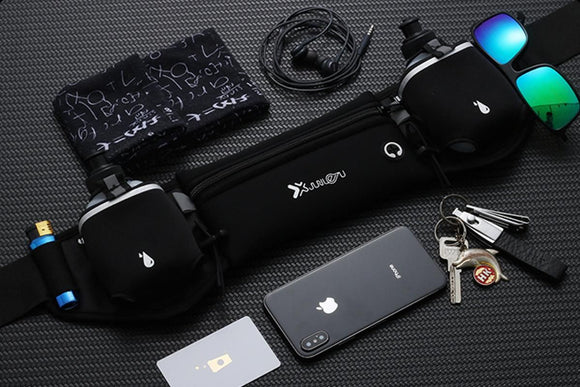 Hydration Running Belt with 2 Water Bottles and Phone Pouch for Marathon Hiking - Black