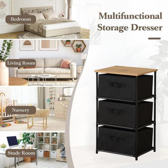 CARLA HOME 3 Drawer Fabric Storage Dresser - Steel Frame - Black - Storage Rack - Rustic
