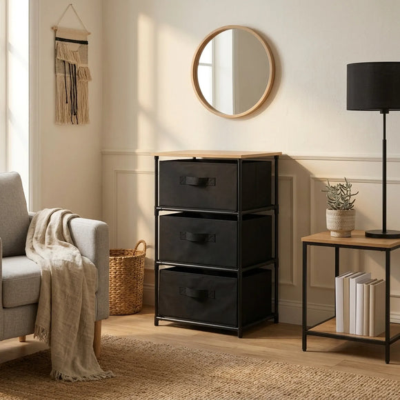 CARLA HOME 3 Drawer Fabric Storage Dresser - Steel Frame - Black - Storage Rack - Rustic