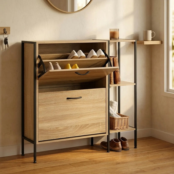 CARLA HOME 2 Flip Shoe Cabinet with Side Shelf - 88 cm Oak - Brown - Shoe Cabinet With Shelf