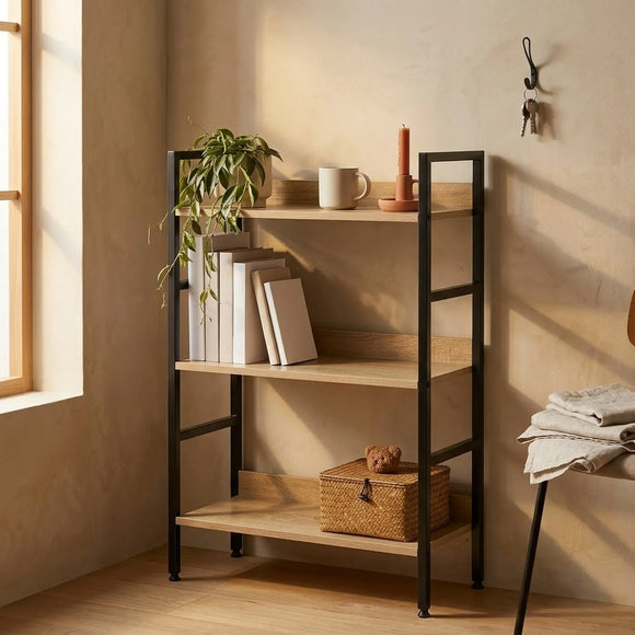 CARLA HOME 3 Tier Bookshelf - Wood Metal Display Shelf - Brown - Rustic - Steel - Living Room Office