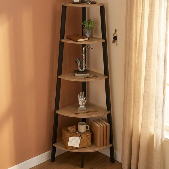 CARLA HOME 5 Tier Corner Shelf - Ladder Bookshelf - Metal Frame - Brown - Rustic