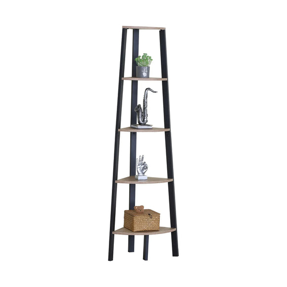 CARLA HOME 5 Tier Corner Shelf - Ladder Bookshelf - Metal Frame - Brown - Rustic