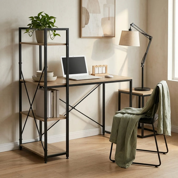 CARLA HOME Computer Desk with 4 Shelf Bookcase - Steel - Brown - Rustic - Office Desk Computer