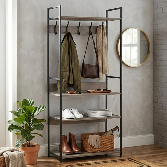 CARLA HOME Freestanding Garment Rack - 5 Hooks 4 Shelves - Brown - Rustic - Steel