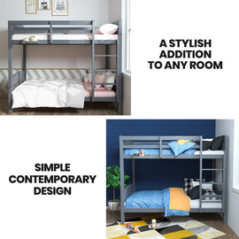 KINGSTON SLUMBER Single Bunk Bed Frame, Solid Pine 2-in-1 Modular Design Convert to 2 Single Beds, Grey - 0