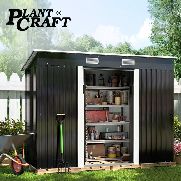 PlantCraft Galvanised Steel Garden Shed 2.38 x 1.31 x 1.82m, with 2 Sliding Doors, 2 Air Vents, Skillion Roof, Floor Frame