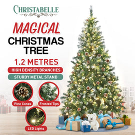 Christabelle 1.2m Pre-Lit LED Artificial Christmas Tree with Snow Tipped Needles Pine Cones Stand - 0