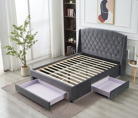 Paris Tall Tufted Velvet Dark Grey Bed with Storage Drawer - Queen