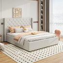 Veronica Bed Frame King Size Winged Grey Linen Fabric Seam Grid Pattern with gas lift plywood metal structure-1