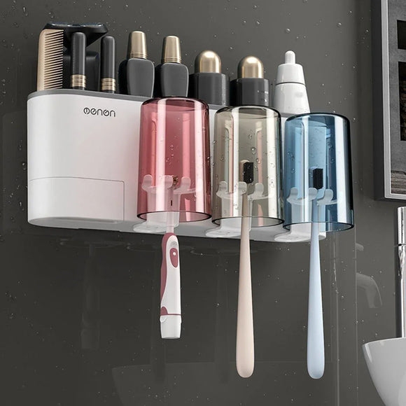 Bathroom Wall Mounted Toothbrush Holder Toothpaste Stand Storage Rack With Cup - Two Cups Set