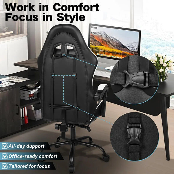 Black and White Gaming Chair with Footrest and Lumbar Support