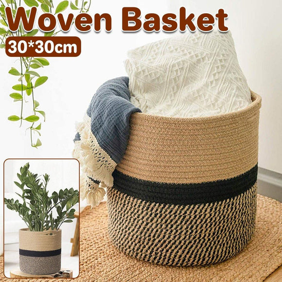 1-Piece 30 cm Woven Cotton Rope Storage Basket, Black and Beige