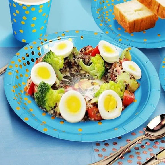 50-Pack Blue and Gold Polka Dot Disposable Paper Dessert Plates, 7 in