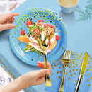50-Pack Blue and Gold Polka Dot Disposable Paper Dessert Plates, 7 in-9