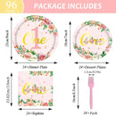 96-Piece First Birthday Floral Tableware Pack for 24 Place Settings-3
