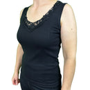 Ladies Sleeveless Singlet Top Womens Summer Basic Tank Shirt Lace Motif Front - Black-1