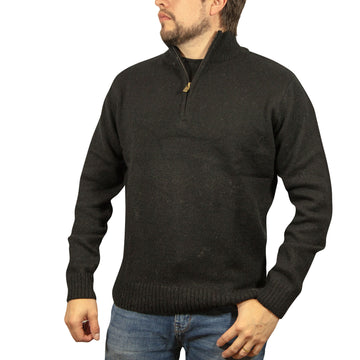 100% SHETLAND RAGG WOOL Half Zip Up Knit JUMPER Pullover Mens Sweater Knitted - Plain Black - L - 0