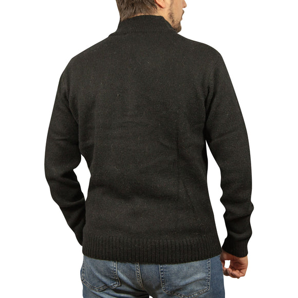 100% SHETLAND RAGG WOOL Half Zip Up Knit JUMPER Pullover Mens Sweater Knitted - Plain Black - L