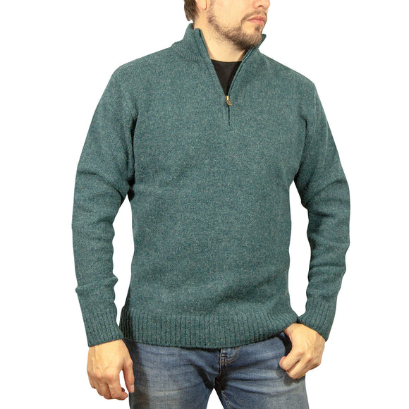 100% SHETLAND RAGG WOOL Half Zip Up Knit JUMPER Pullover Mens Sweater Knitted - Sherwood - S
