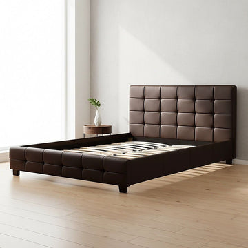 Queen PU Leather Deluxe Bed Frame Brown - 0