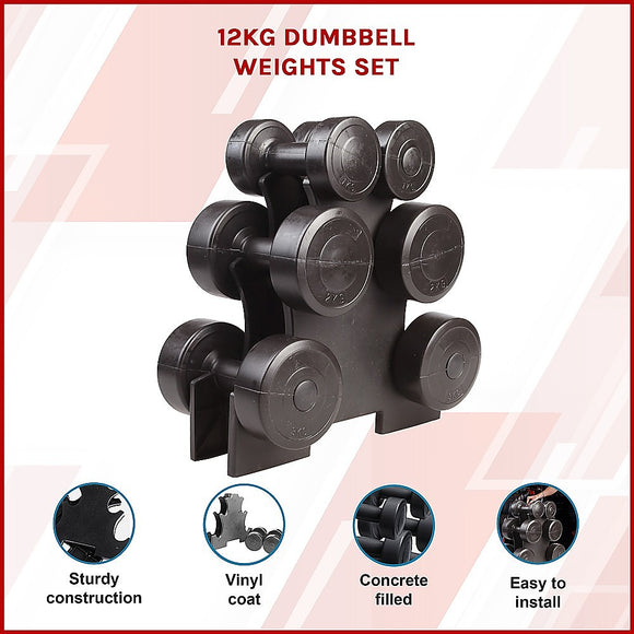 12kg Dumbbell Weights Set with Rack for Home Gym Training