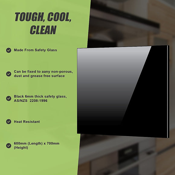Toughened 60cm x 70cm Black Glass Kitchen Splashback