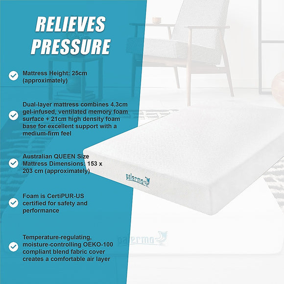 Queen 25cm Gel Memory Foam Mattress – Dual-Layered Comfort with CertiPUR-US® Certified Foam