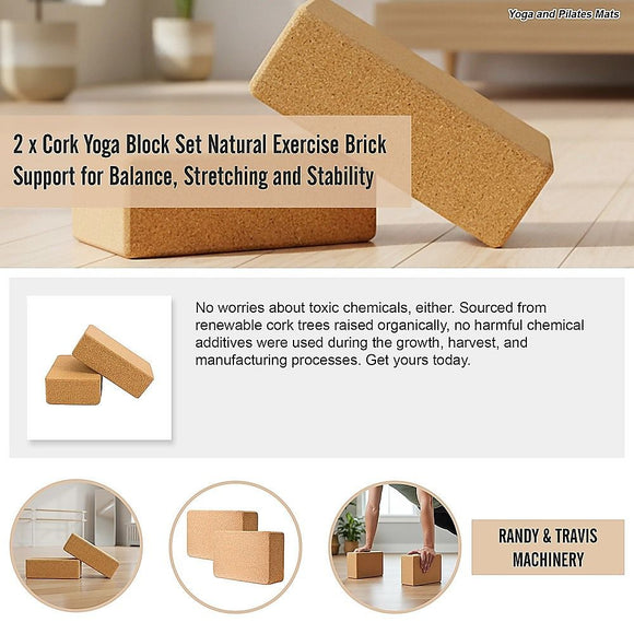 2 x Cork Yoga Block Set Natural Exercise Brick Support for Balance, Stretching and Stability