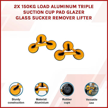 2x 150kg Load Aluminum Triple Suction Cup Pad Glazer Glass Sucker Remover Lifter - 0