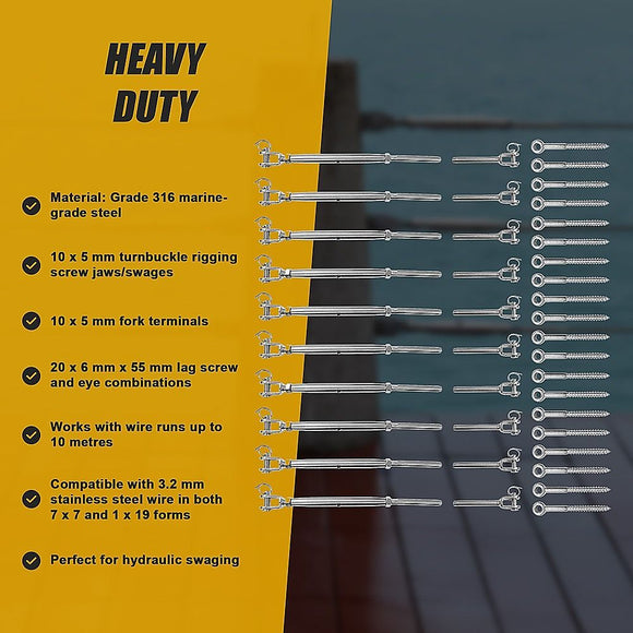 Stainless Steel Wire Rope DIY Balustrade Kit Jaw/Swage Fork Turnbuckle - 10 pack
